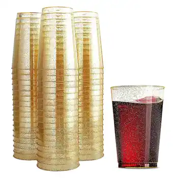 50шт 10 унций Золотых пластиковых стаканчиков, Одноразовые Пластиковые стаканчики с золотым блеском, Прозрачные Пластиковые стаканчики, Стаканчики для свадеб, Стаканчики для вечеринок