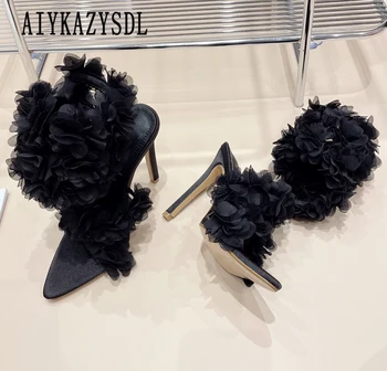 AIYKAZYSDL 2023 цветок сандалии лодыжки Wrap сандалии бохо ретро свадебная обувь острым открытым носком на высоком каблуке вечеринки туфли на шпильке лодочки женщинам