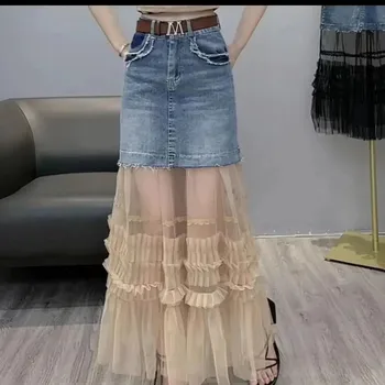 Faldas Mujer Moda 2023, Корейская Сетчатая Джинсовая юбка в стиле Пэчворк, Женская Милая Универсальная юбка Средней длины с высокой талией, Трапециевидные Юбки с запахом