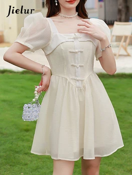 Jielur Новое однотонное женское шифоновое платье с квадратным вырезом, летнее французское платье Sweet Lady с пышными рукавами, модные плиссированные платья с оборками