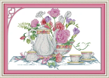 Joy Sunday Набор Для Вышивания Крестиком С Предварительной печатью Easy Pattern Aida Набор Для Вышивания Из Тисненой Ткани-Pink Rose Table