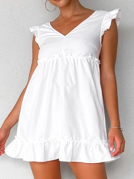 Linad Белое ночное платье, Женская повседневная пижама без рукавов с V-образным вырезом, хлопковые женские платья с оборками, 2023 Летняя однотонная женская ночная одежда