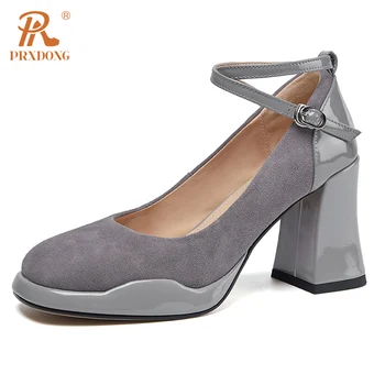 PRXDONG/ Женская демисезонная обувь из натуральной кожи на высоком квадратном каблуке с круглым носком, черно-серое платье, офисные женские туфли-лодочки, Размер 39