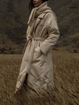 RDMQ 23 Длинная парка с отложным воротником и поясом, зимнее женское пальто с хлопковой подкладкой, большие размеры, Стеганые ветровки, теплая куртка с поясом