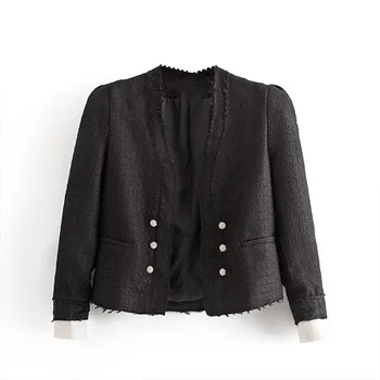 ZATRHMBM Осенняя женская верхняя одежда 2023, новая повседневная модная классическая твидовая куртка в стиле ретро, свободное короткое черное пальто с длинными рукавами