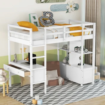 Белая двуспальная кровать-чердак со встроенным письменным столом с двумя выдвижными ящиками, а также полками и выдвижными ящиками для домашней мебели для спальни