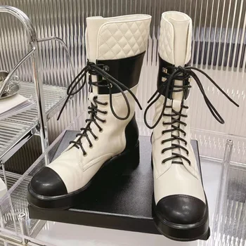 Белые, черные армейские ботинки Martin в тон, женские ковбойские зимние ботинки из натуральной кожи с перекрестной шнуровкой и ромбовидным узором