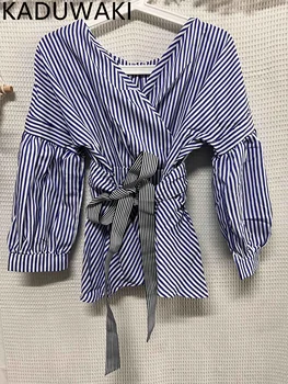 Блузка с рукавом-фонариком, рубашка, Женская мода 2022, Корейский стиль, Летняя рубашка в полоску с V-образным вырезом и бантом, Элегантные женские топы, Женская одежда