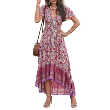 Богемное летнее платье с принтом Floarl, бант, шнуровка, короткие рукава, асимметричный сексуальный халат с V-образным вырезом и рюшами, длинное платье для пляжной вечеринки для женщин