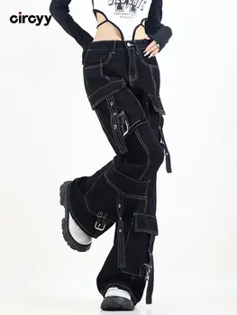 Брюки-карго Женские джинсы с высокой талией Весенние Новые джинсовые брюки с карманами во всю длину Черные свободные брюки Y2K Уличная мода 2023