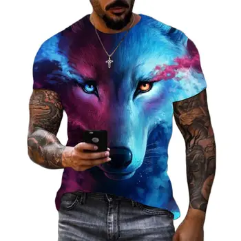 Винтажная футболка с волком, мужские топы с короткими рукавами и 3D животным принтом, повседневная футболка с уличным боем со львом, футболка Оверсайз, мужская одежда