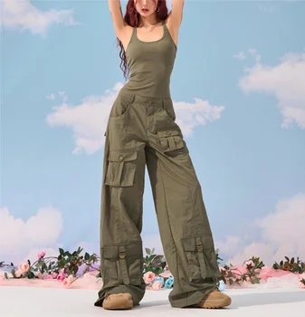 Винтажные брюки для спецодежды с заниженной талией Spicy Girl, прямые брюки-трубочки с несколькими карманами, Уличный Розовый Армейский Зеленый пол