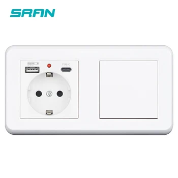 Выключатель света SRAN 1gang 1/2, настенная вилка с usb, Огнестойкая Пластиковая панель 153*82 мм, USB-зарядка EU socket Type-C