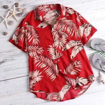 Гавайская красная тропическая рубашка, мужские топы с принтом, летний повседневный кардиган на пуговицах с коротким рукавом, Свободная праздничная пляжная одежда