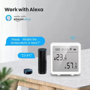 Датчик температуры и влажности, голосовое управление, ЖК-экран, Беспроводной WiFi-гигрометр, работает с Amazon Alexa Smart Life