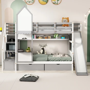 Двухъярусная кровать Twin-Over-Twin в стиле Castle с 2 выдвижными ящиками, 3 полками и горкой, для внутренней мебели спальни, серый