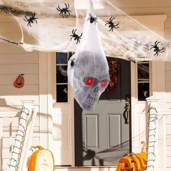 Декор в виде черепа на Хэллоуин, Жуткий Голосовой орнамент в виде скелета-черепа со светодиодными красными глазами и поддельным пауком, украшение на Хэллоуин