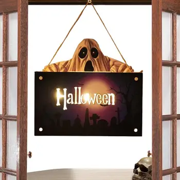 Декор входной двери на Хэллоуин Деревянная доска Приветственные таблички со светодиодной подсветкой Happy Halloween Декоративная настенная вывеска Праздничные украшения