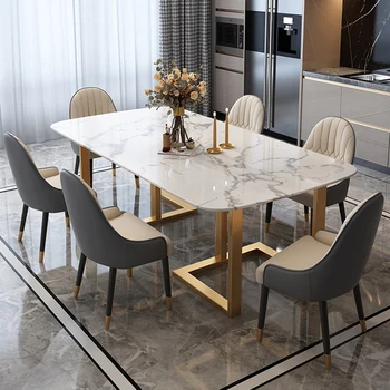 Европейский обеденный стол из натурального мрамора, набор из 6 современных стульев, Креативные столики из нержавеющей стали, Небольшая квартира, Роскошная мебель для комедиантов