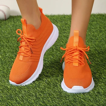 Женская обувь 2023, Новая летняя женская вулканизированная обувь, модные легкие дышащие Мягкие повседневные Сетчатые кроссовки, Оранжевая спортивная обувь