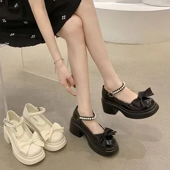 Женская повседневная обувь Kawaii в стиле Лолиты с круглым носком, элегантные однотонные туфли-лодочки с бантом, нескользящие туфли на среднем каблуке в корейском стиле, шикарное лето 2023 г.