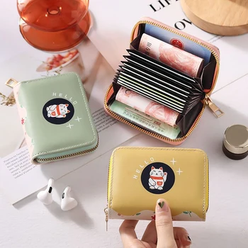 Женская сумка для карт с двойным складыванием с рисунком милого кота, женский короткий кошелек, мини-портмоне, держатель для кредитных карт, кошелек на молнии