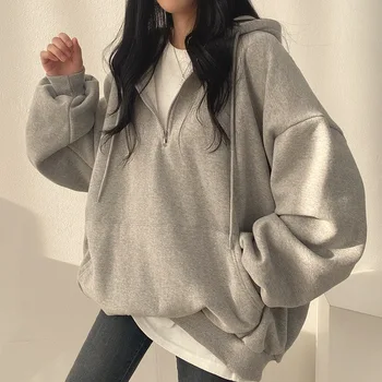 Женская толстовка Y2K в корейском стиле Harajuku, повседневные пальто с капюшоном большого размера, пуловер с карманом и длинным рукавом-фонариком, толстовка
