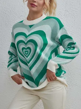 Женский вязаный свитер Y2K, винтажный пуловер оверсайз с принтом в полоску в виде сердца, женский осенне-зимний повседневный теплый трикотаж с длинным рукавом
