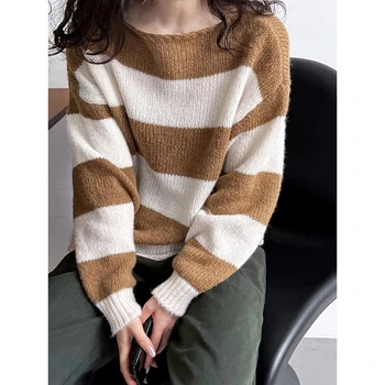 Женский вязаный свитер в полоску с открытыми плечами, осенний Свободный пуловер из мохера, джемпер из мягкой шерсти, топы для женщин 2023 года.