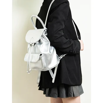 Женский корейский маленький рюкзак серебристого цвета с простым шнурком, студенческие сумки, сумка через плечо из искусственной кожи, дорожная сумка, рюкзак Sac