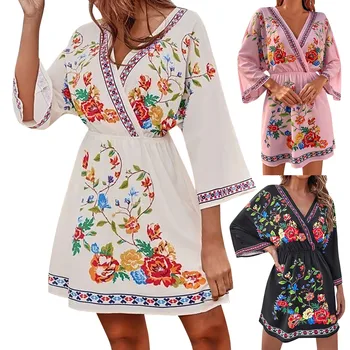 Женское винтажное платье с этническим принтом, приталенный сарафан для похудения, праздничное платье с расклешенными рукавами, коктейльные платья с высокой талией