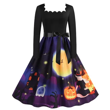 Женское платье с принтом на Хэллоуин, винтажные вечерние платья с бантом и высокой талией, Vestidos, косплей костюм, праздничный халат для фестиваля Призраков