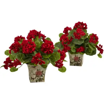 Искусственное растение с цветущей геранью и цветочным кашпо, набор из 2 штук, красный