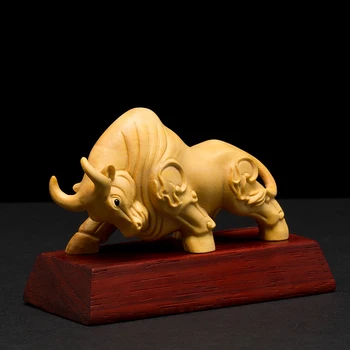 Китайский Талисман Быки Богатство Скульптура Животного Ремесла Счастливый Китайский Самшит Миниатюра Фэн-Шуй