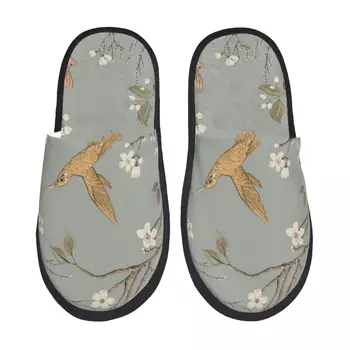 Колибри и цветы Плюшевые тапочки с цветочным рисунком в стиле ретро, домашние пушистые тапочки Унисекс, домашняя обувь