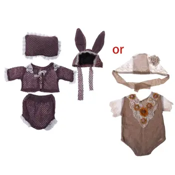Комплект из шапки с кроликом и штанов ручной работы, костюм для новорожденных, связанный крючком, для новорожденных Ph