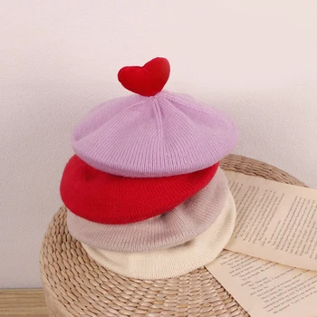 Корейская детская шапочка Solid Heart Vintage для девочек, осенне-зимний теплый берет для малышей, вязаная шапочка художника-маляра