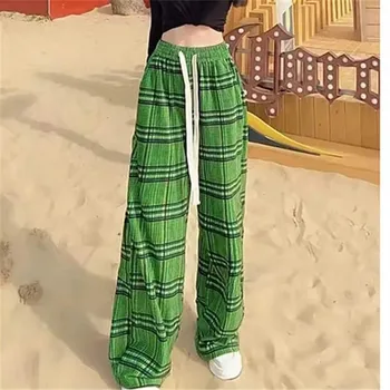 Корейские модные брюки из ледяного шелка с высокой талией, зеленые клетчатые широкие брюки, женские летние новые прямые повседневные брюки, уличная одежда