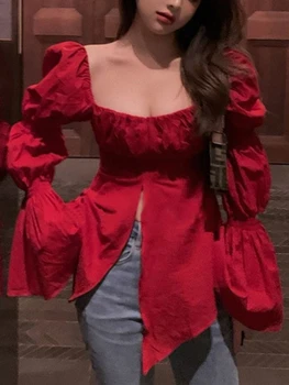 Красная сексуальная блузка в корейском стиле, женская шикарный дизайн, повседневная элегантная блузка, женская осенняя милая одежда для вечеринок с длинным рукавом 2023