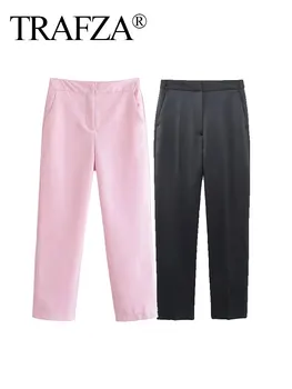 Летние офисные брюки TRAFZA с высокой талией, темной пряжкой, застежкой-молнией спереди, женские брюки, модные трикотажные женские брюки с прямыми штанинами