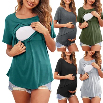Летняя одежда для беременных, женские топы с круглым вырезом и короткими рукавами, однотонные топы с асимметричным клапаном, Повседневная футболка для грудного вскармливания