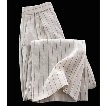 Мешковатые льняные брюки в вертикальную полоску в винтажном стиле с широкими штанинами для женщин, Лето 2023, Новые свободные Длинные брюки из хлопка и льна Q693