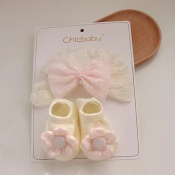 Милый кружевной комплект носков-тюрбанов для новорожденных с Корейским бантом, Индийская шапочка + Короткие носки с цветком, шапочки принцессы для маленьких девочек, Sox