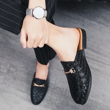 Мужская обувь, итальянские мужские полуботинки, кожаные лоферы, мокасины, уличные нескользящие черные повседневные шлепанцы, Летняя модная обувь в деловом стиле