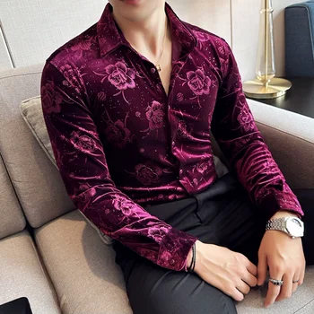 Мужская осенне-зимняя бархатная рубашка в цветочек, новые роскошные повседневные деловые рубашки с длинными рукавами и принтом, официальный смокинг для светской вечеринки