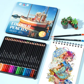 Набор цветных карандашей для рисования 24 шт Профессиональный художественный набор для рисования эскиза Масляными металлическими цветными карандашами Художественные школьные принадлежности