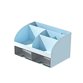 Настольный органайзер-офисный органайзер с 6 отделениями и 2 небольшими выдвижными ящиками, настольная коробка для хранения ручек, пульт дистанционного управления синего цвета