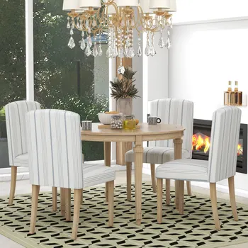Обеденный стол из 5 предметов, круглый стол с ножками из массива дерева и 4 стула с обивкой из полосатой ткани