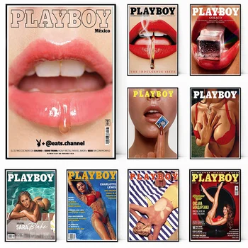 Обложка модного журнала Play Boy Плакат Красные Губы Бабочка Холст HD Печать Настенное Искусство Картина Декор Гостиной Спальни Подарок