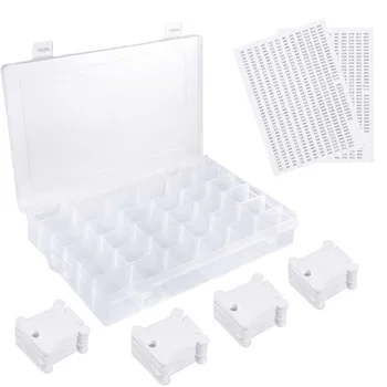 Пластиковая коробка-органайзер для мулине на 36 сеток, 50 шпулек и 2 наклейки с номерами мулине для хранения шитья.